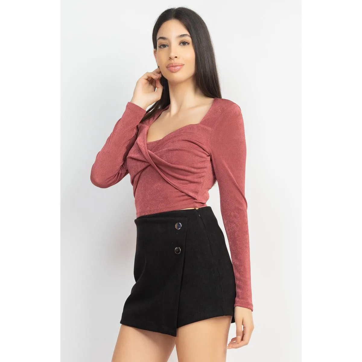 Twisted Velvety Long Sleeve Crop Top