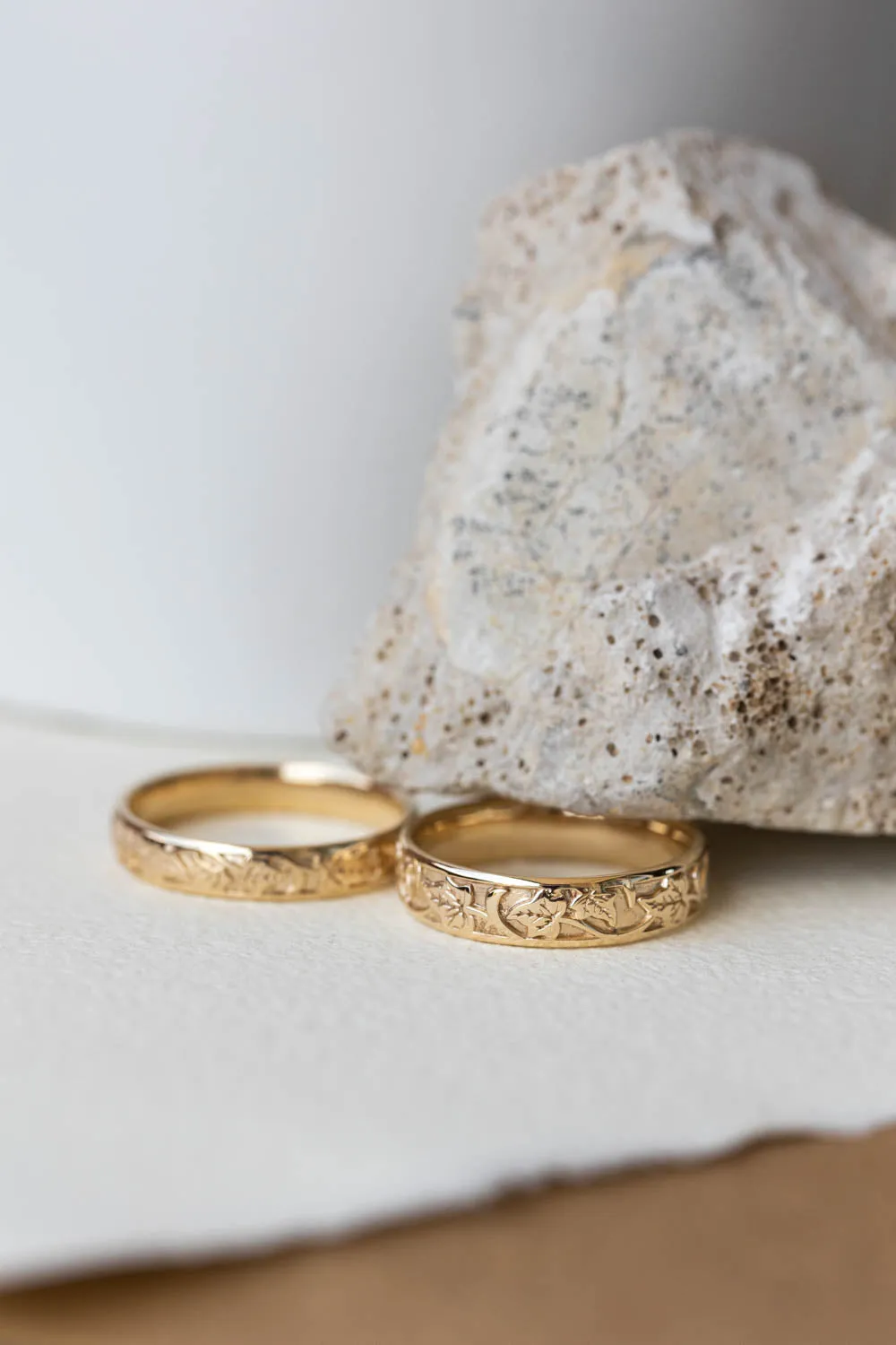 Wedding bands set for couple: gold ivy leaves ring