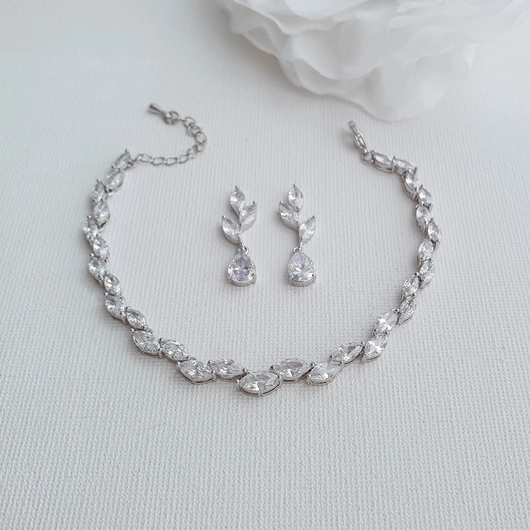 Wedding Leaf Bracelet and Earrings Set in Silver-Taylor