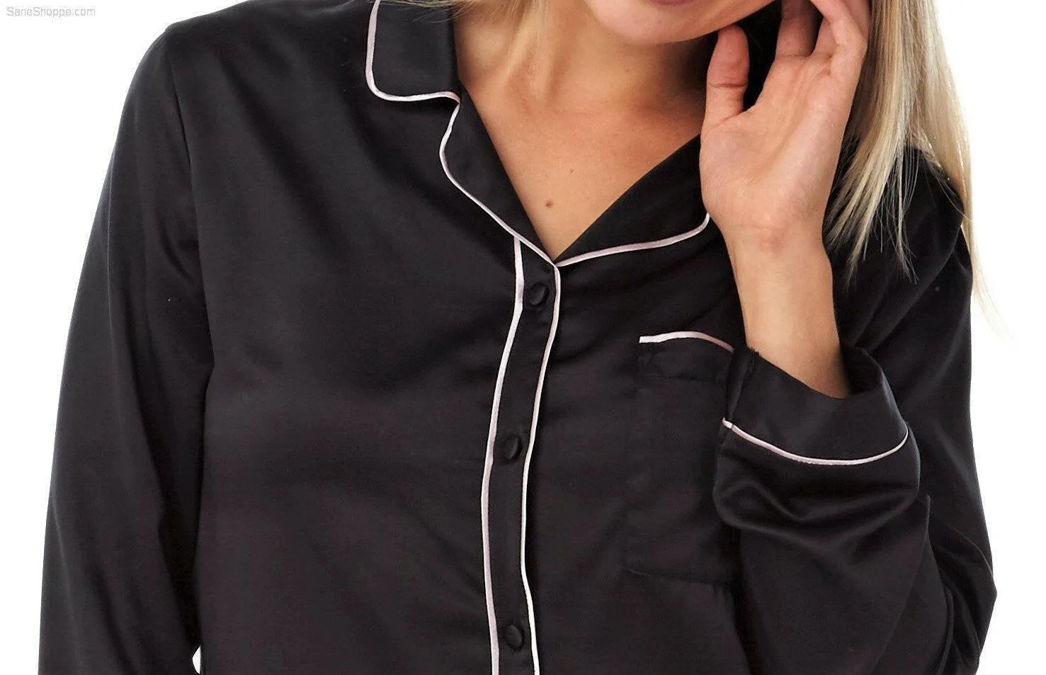 Women's Satin Pyjamas Long Sleeve Nightwear Loungewear Set Black