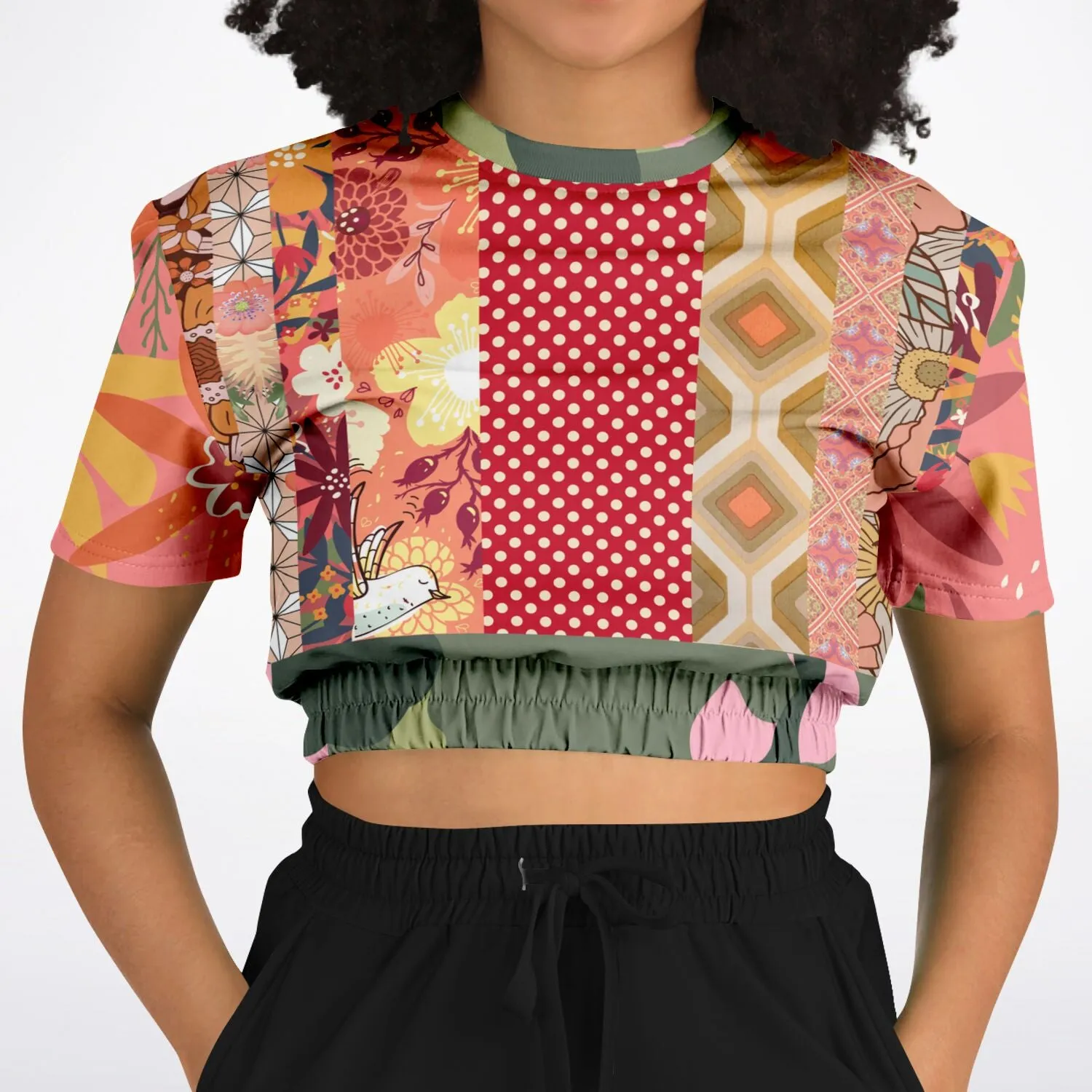 Yogananda Pink Floral Patchwork Short Sleeve Cropped Eco-Poly Sweater